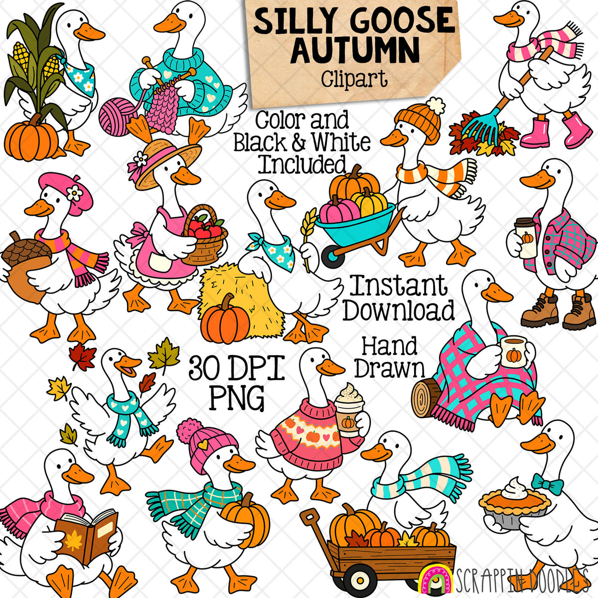 Preview of 15 hand-drawn autumn goose clipart images featuring pumpkins, leaves, scarves, sweaters and cozy fall activities.
