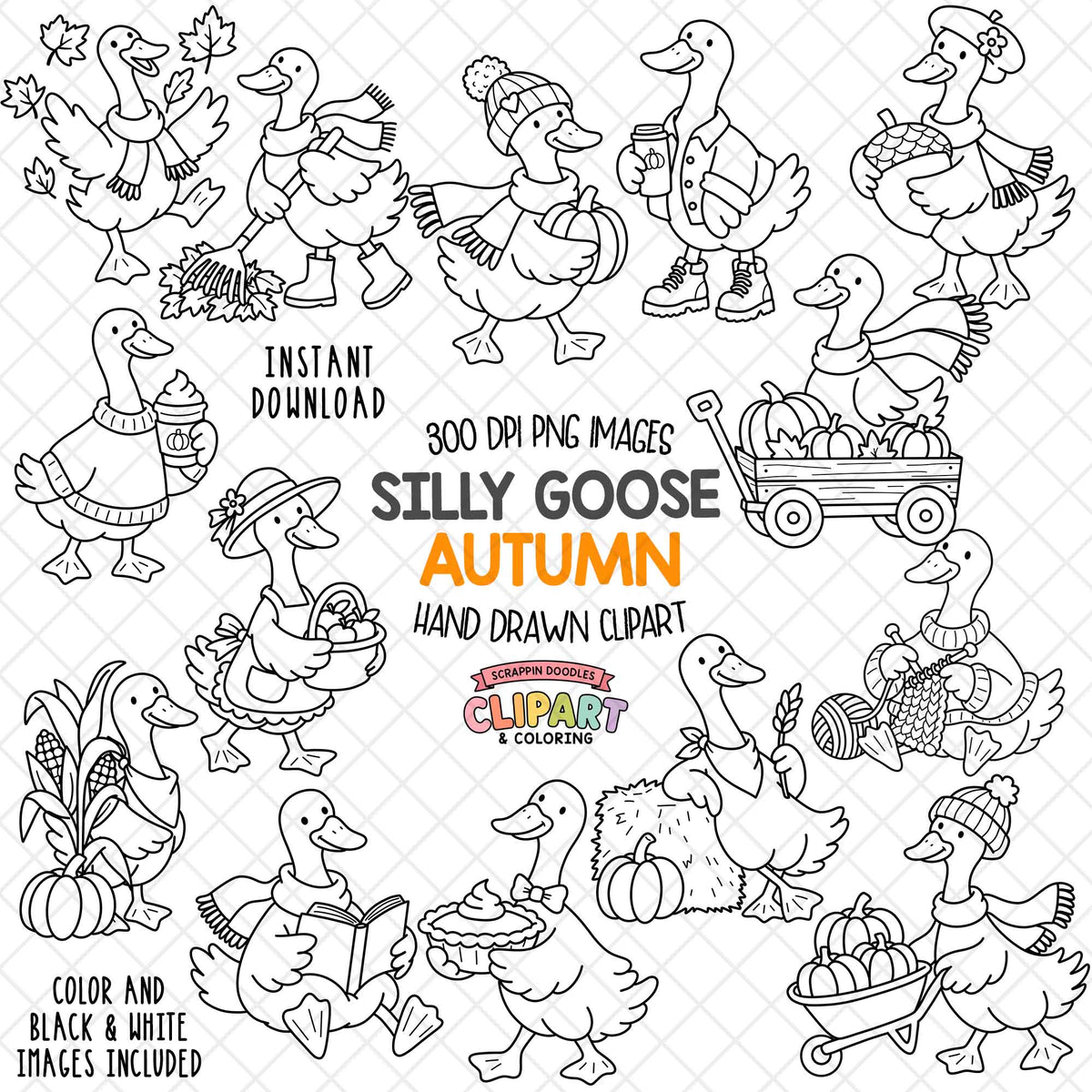 Preview of 15 hand-drawn autumn goose clipart images featuring pumpkins, leaves, scarves, sweaters and cozy fall activities.