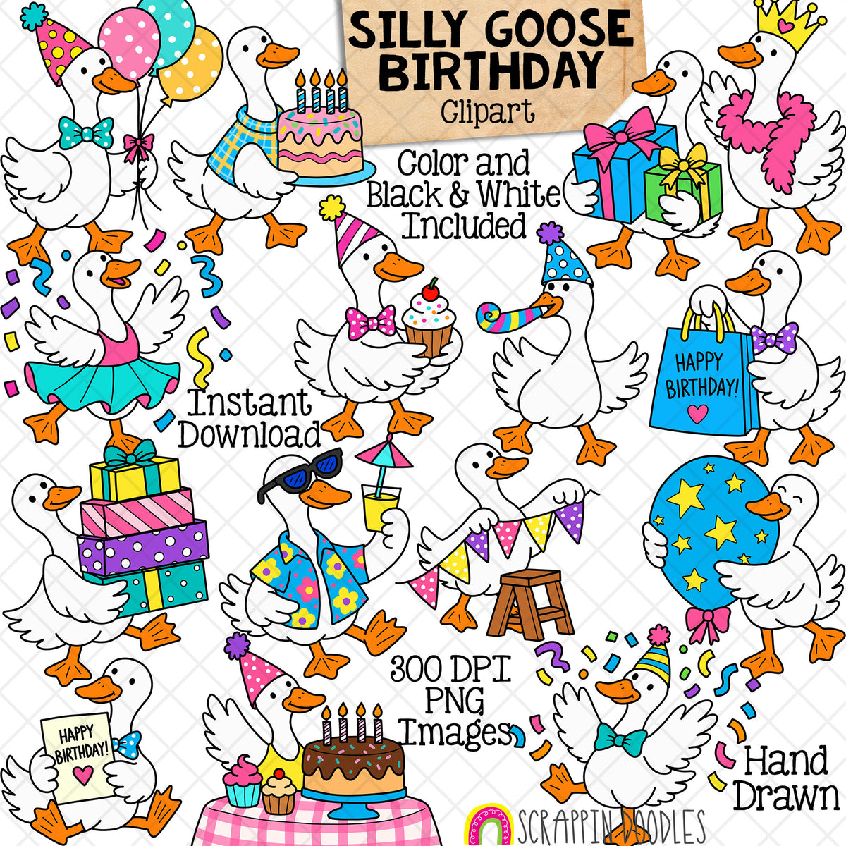 Silly Goose Birthday clipart with 15 hand drawn geese holding balloons, cakes and gifts, wearing party hats and celebrating.
