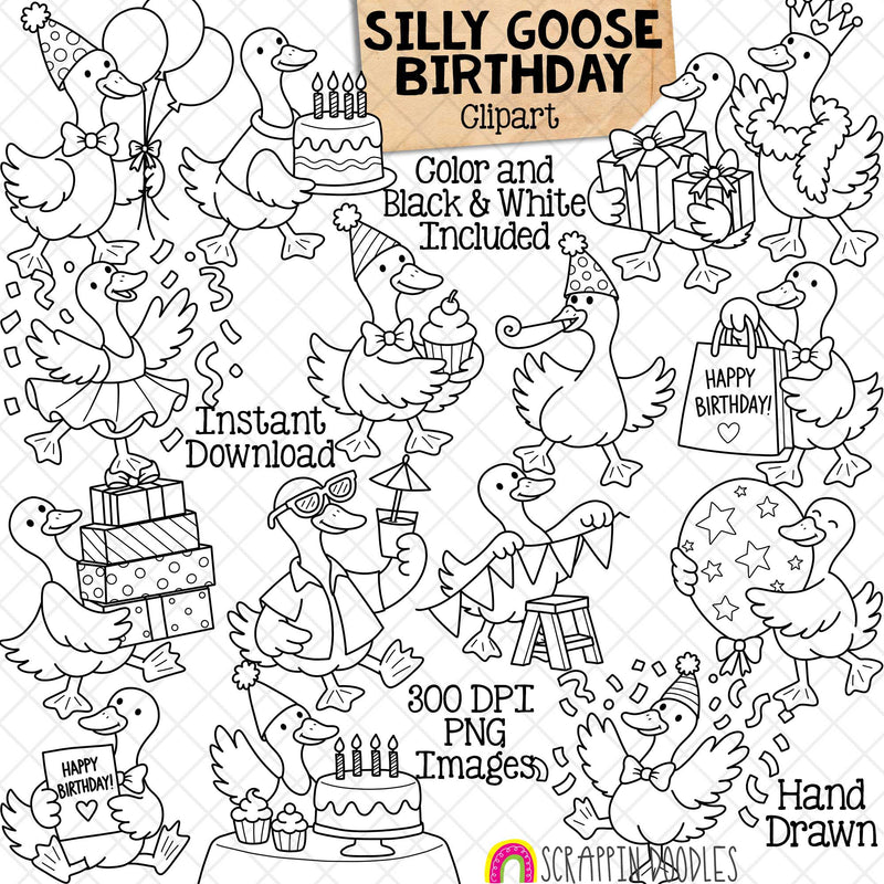 Silly Goose Birthday clipart with 15 hand drawn geese holding balloons, cakes and gifts, wearing party hats and celebrating.
