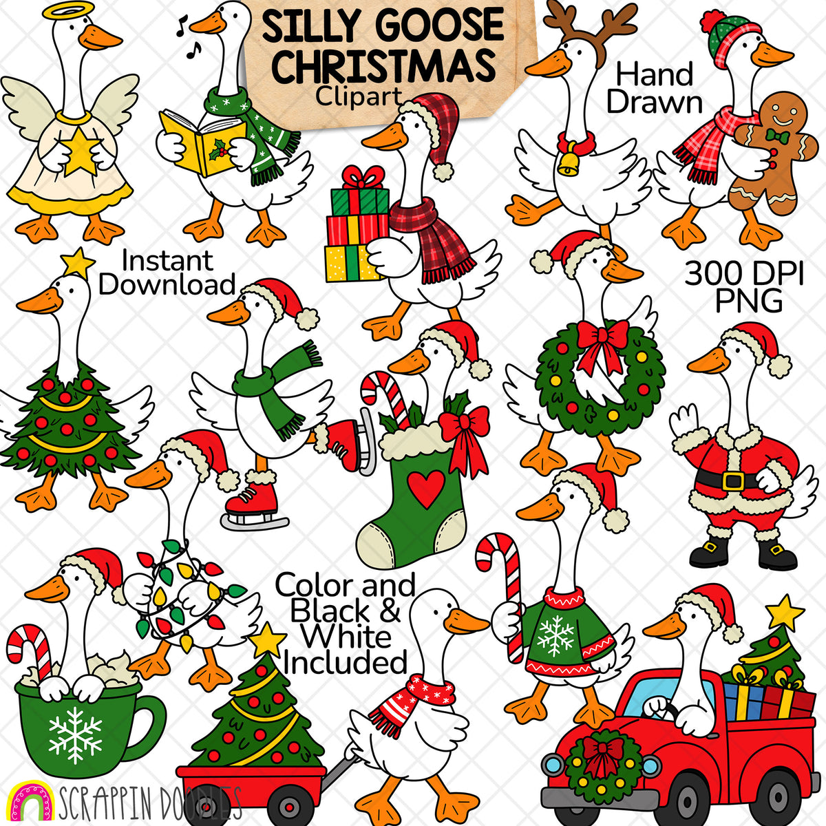 Silly Goose Christmas clipart featuring 15 geese with Santa outfits, presents, lights, a Christmas tree, hot cocoa and a red truck.