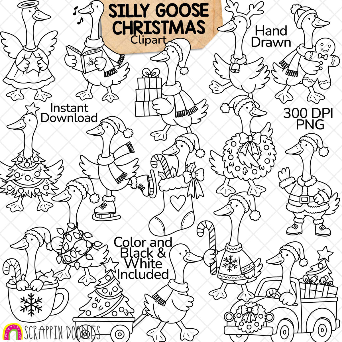 Silly Goose Christmas clipart featuring 15 geese with Santa outfits, presents, lights, a Christmas tree, hot cocoa and a red truck.