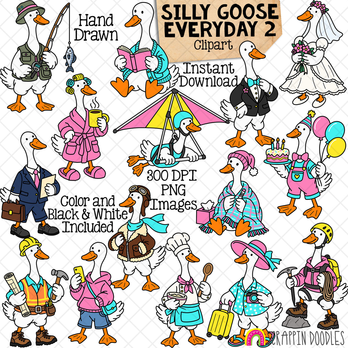 Silly Goose Everyday 2 clipart set with 15 hand-drawn geese in color and matching black-and-white PNG formats.