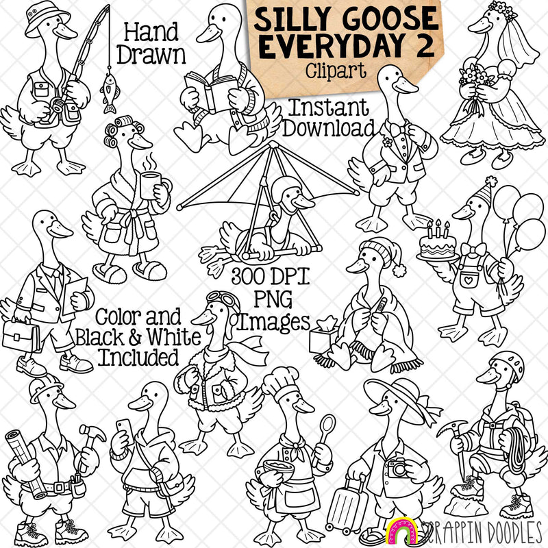 A digital clipart preview sheet titled 'Silly Goose Everyday 2 Clipart' showing multiple black-and-white line drawings of cartoon geese in different outfits and poses, with text noting hand-drawn style, instant download, 800 DPI PNG images, and color and black and white included. The brand 'Krafin Doodles' appears at the bottom.