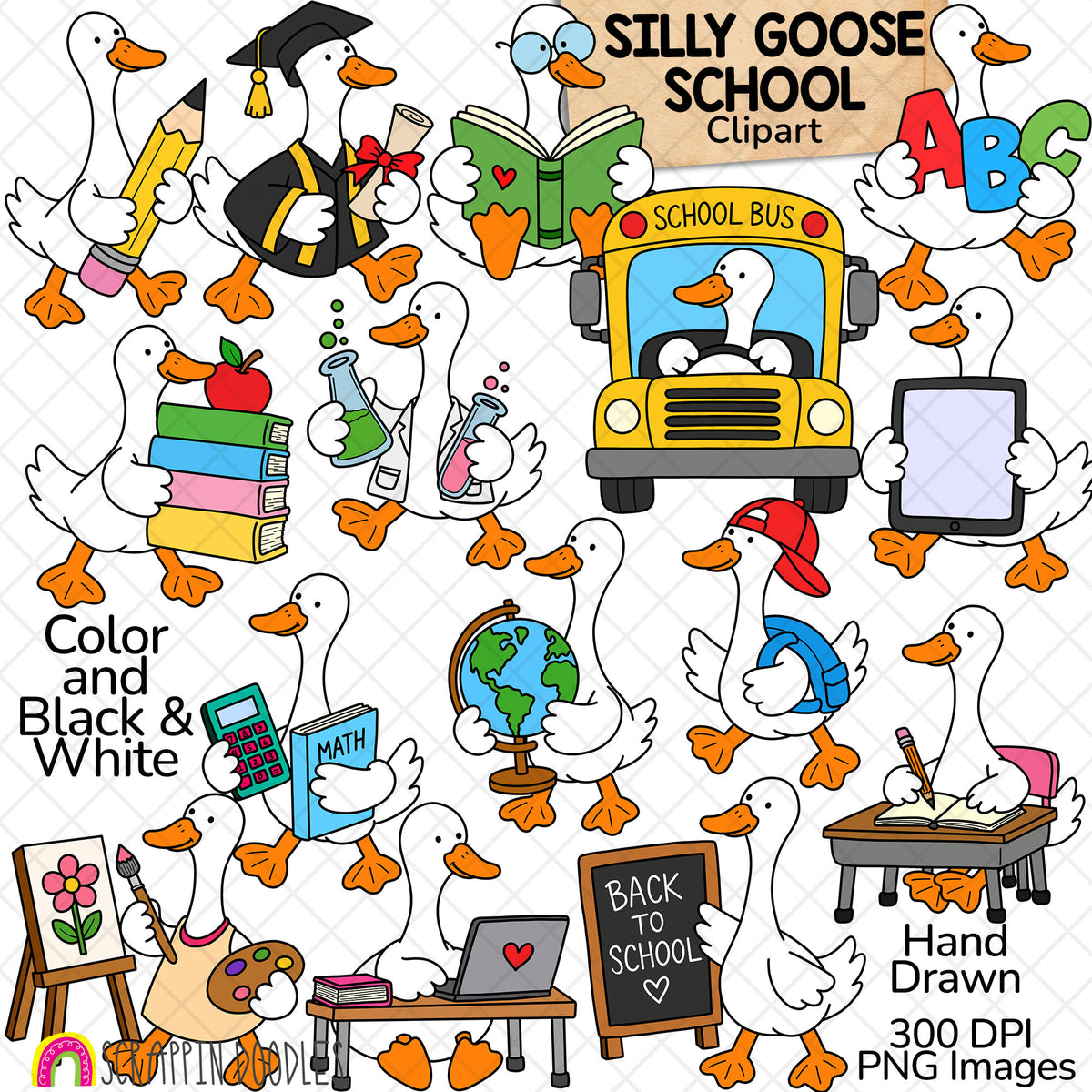 Silly Goose School Clipart featuring 15 cute geese reading, writing, painting, doing science experiments, riding a school bus and celebrating graduation. Includes 30 high-resolution PNG images, 15 color and 15 black and white, 300 DPI.