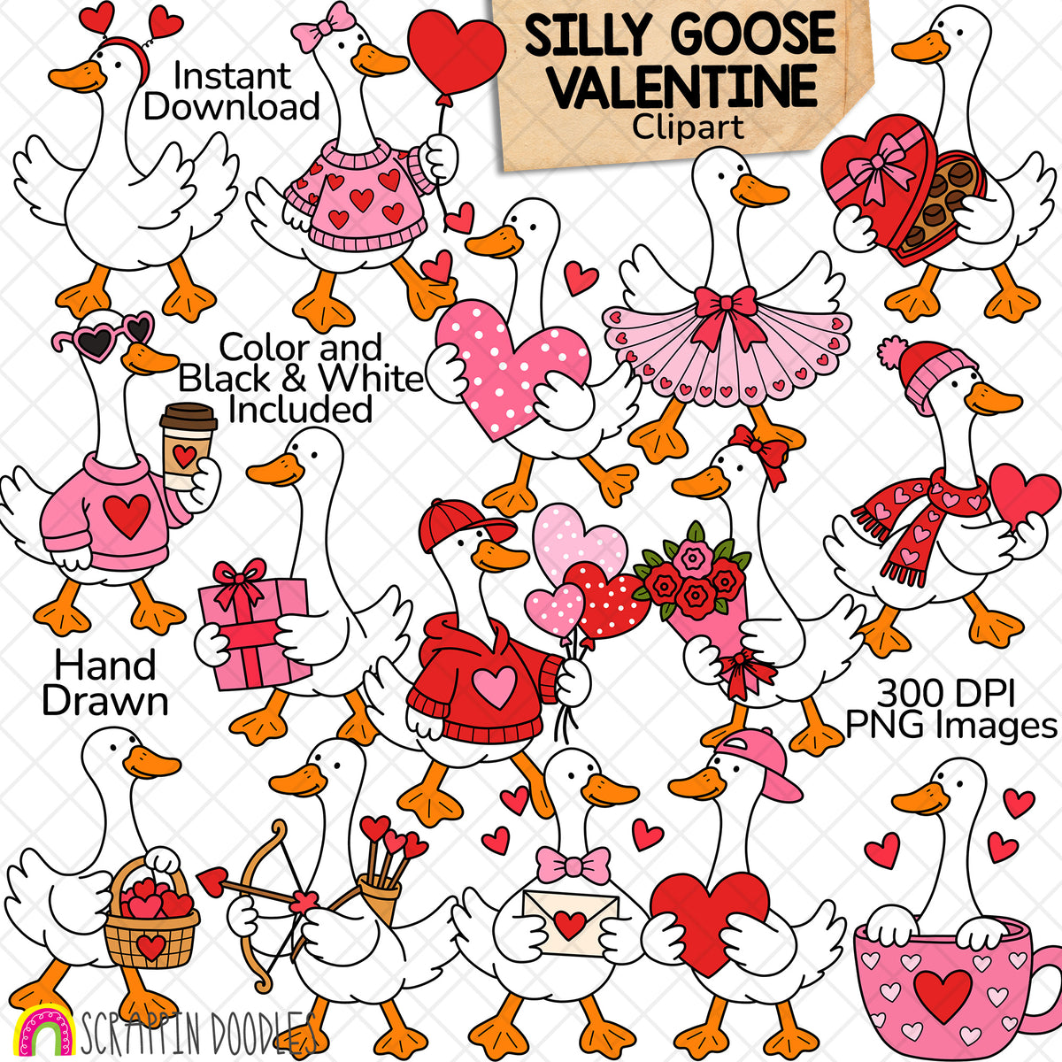 Valentine's Day Silly Goose clipart featuring 15 hand-drawn geese with hearts, balloons, flowers, chocolates, gifts, and Cupid accessories. Color and black and white PNG images for Valentine's Day classroom activities and crafts.