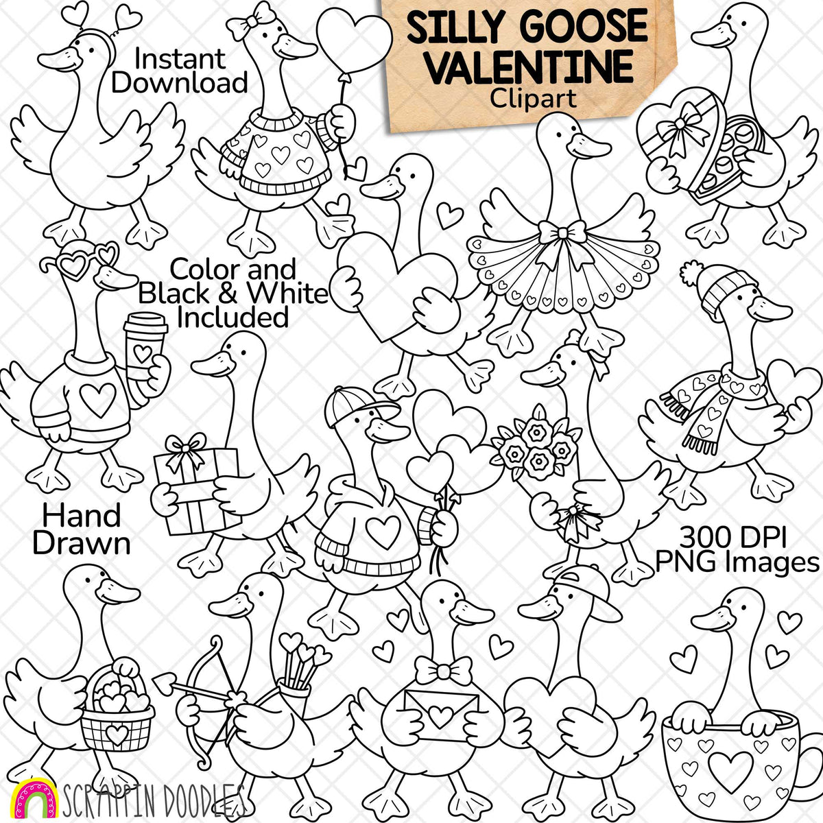 Valentine's Day Silly Goose clipart featuring 15 hand-drawn geese with hearts, balloons, flowers, chocolates, gifts, and Cupid accessories. Color and black and white PNG images for Valentine's Day classroom activities and crafts.