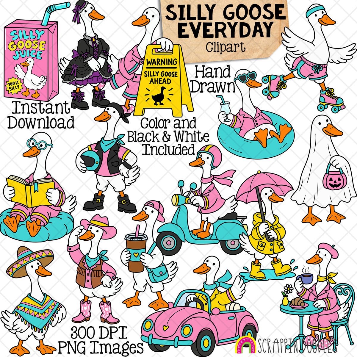 Silly Goose Everyday clipart collection with funny hand-drawn geese in color and coordinating black and white 300 DPI PNG images.