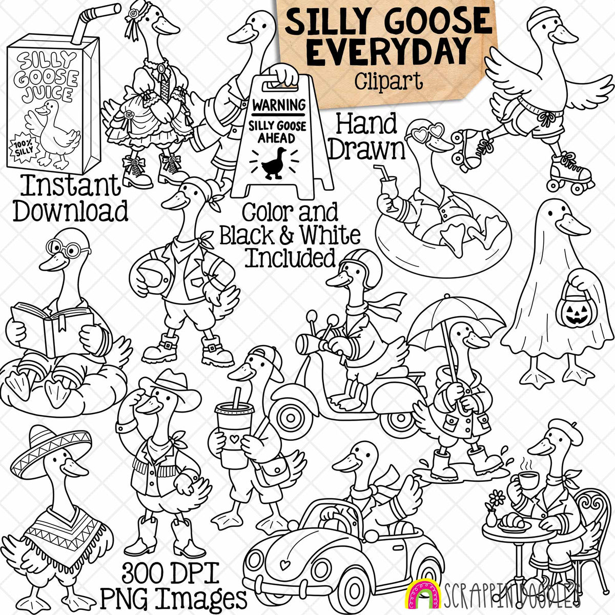 Silly Goose Everyday clipart collection with funny hand-drawn geese in color and coordinating black and white 300 DPI PNG images.