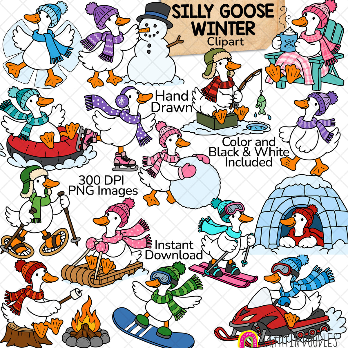 Silly Goose Winter clipart preview showing white geese in colorful hats and scarves skiing, skating, sledding, ice fishing, building a snowman and sipping hot cocoa.