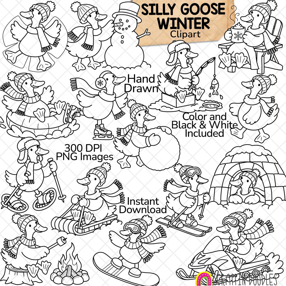 Silly Goose Winter clipart preview showing white geese in colorful hats and scarves skiing, skating, sledding, ice fishing, building a snowman and sipping hot cocoa.
