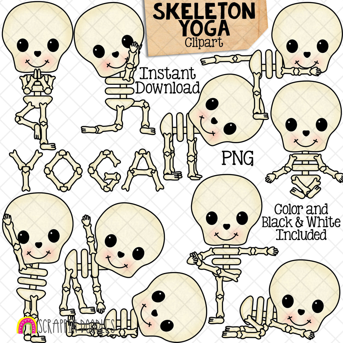Skeleton Yoga Clip Art - Halloween Stretching Clipart - Doing Yoga Poses - Exercising - Fitness - Downward Dog - CUse PNG Sublimation