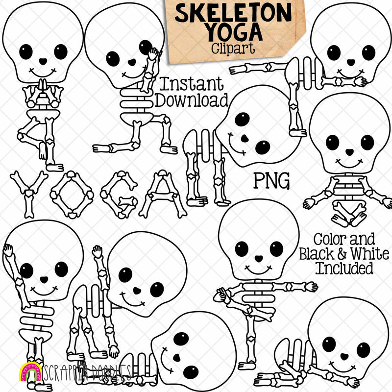Skeleton Yoga Clip Art - Halloween Stretching Clipart - Doing Yoga Poses - Exercising - Fitness - Downward Dog - CUse PNG Sublimation