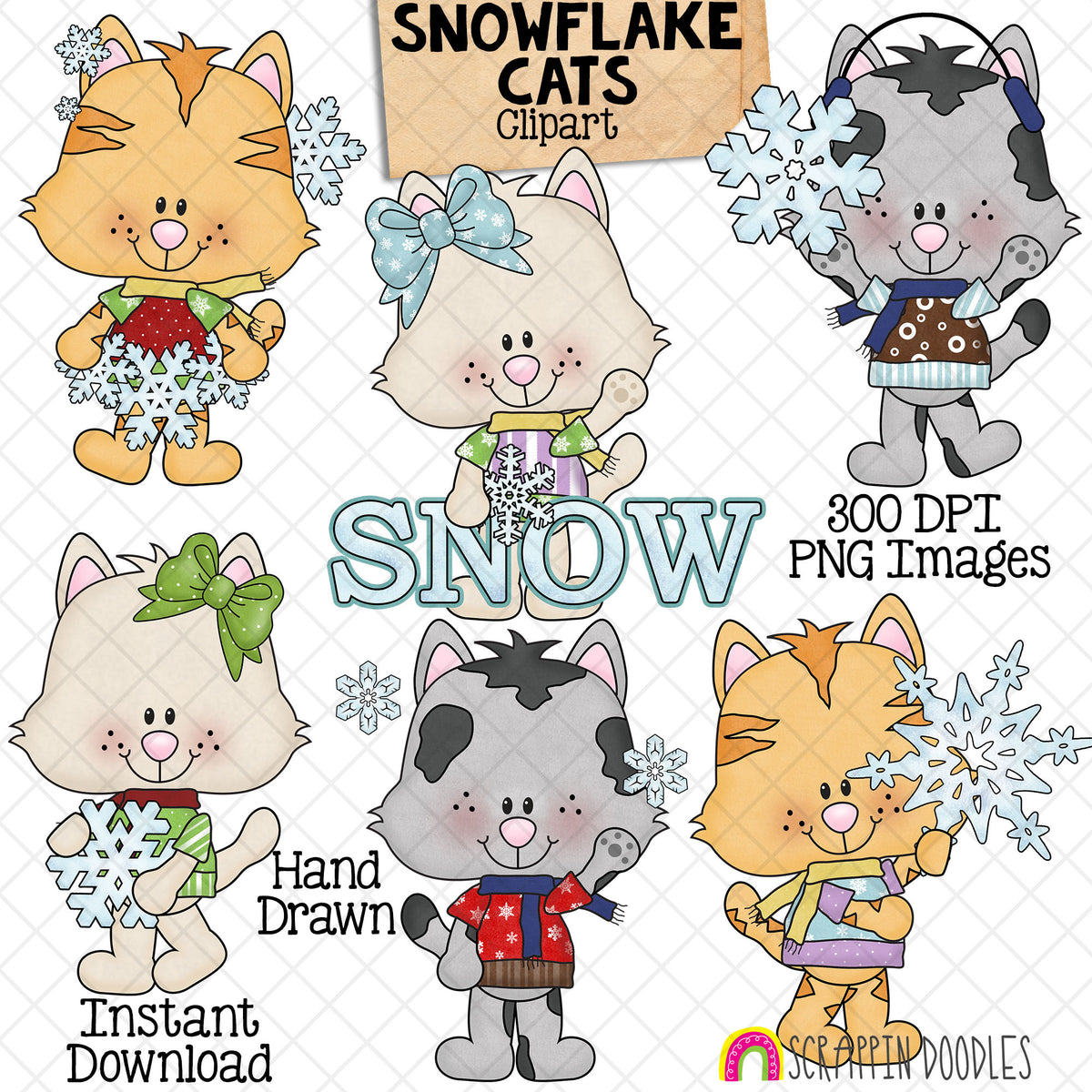Hand-drawn Snowflake Cats clipart featuring six cute kittens in colorful winter sweaters, scarves, bows and earmuffs holding decorative snowflakes.
