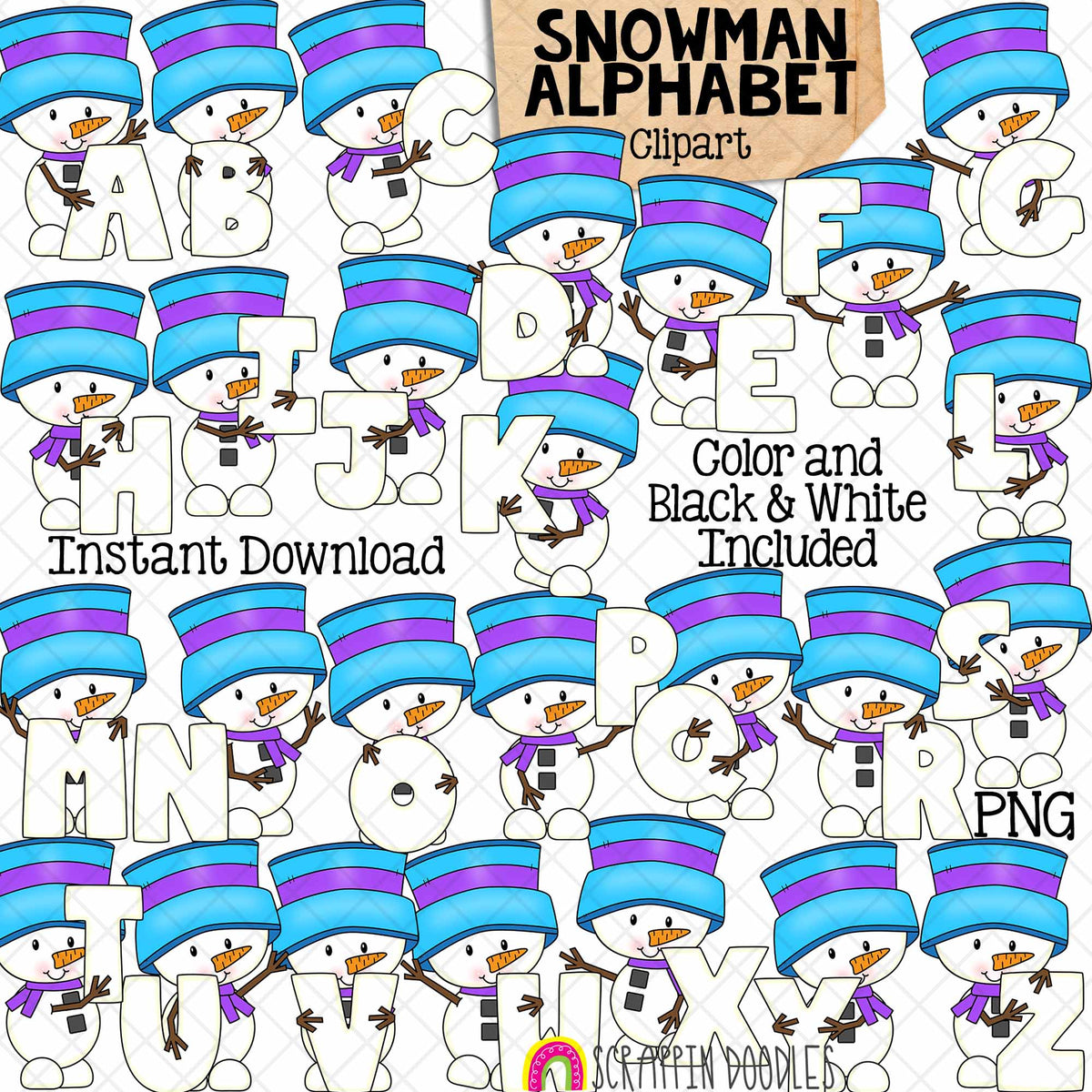 Snowman Alphabet Clip Art - Snowmen Holding Letters Clipart - Winter Titles - Headers - Commercial Use PNG Sublimation