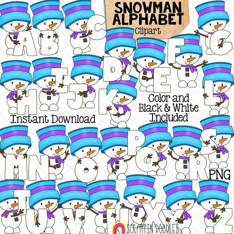 Snowman Alphabet Clip Art - Snowmen Holding Letters Clipart - Winter Titles - Headers - Commercial Use PNG Sublimation