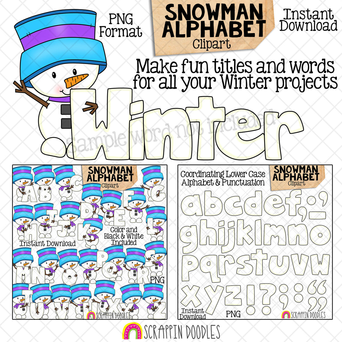 Snowman Alphabet Clip Art - Snowmen Holding Letters Clipart - Winter Titles - Headers - Commercial Use PNG Sublimation