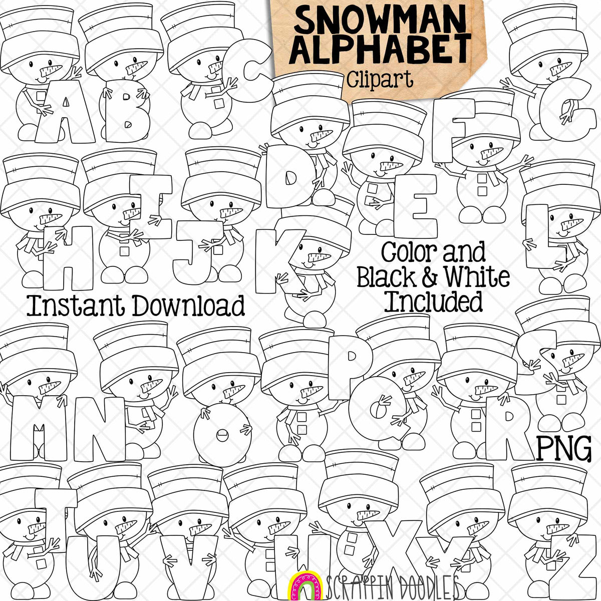 Snowman Alphabet Clip Art - Snowmen Holding Letters Clipart - Winter Titles - Headers - Commercial Use PNG Sublimation