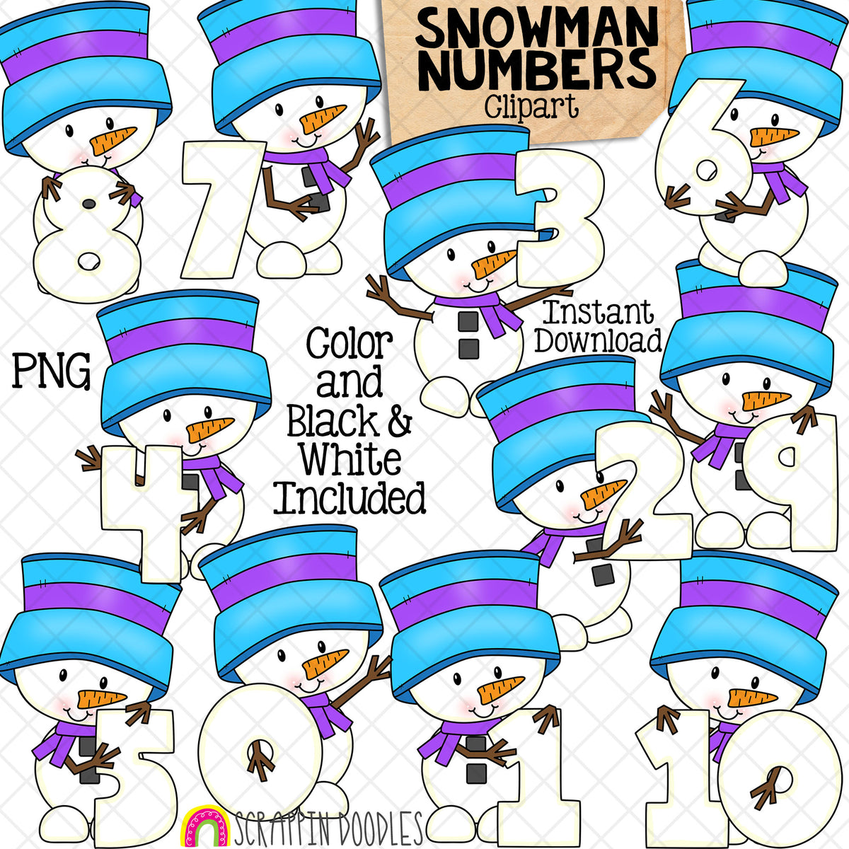 Snowman Numbers Clip Art - Snowmen Holding Numbers Clipart - Winter Titles - Math Signs