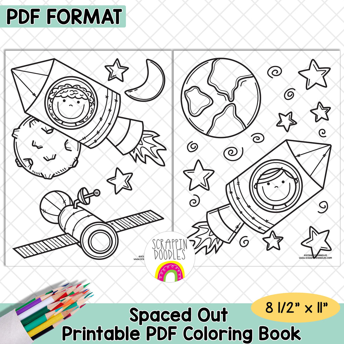 Printable PDF coloring book cover preview for a space-themed coloring activity, showing two black-and-white line-art pages with rockets, planets, stars, and a moon, plus text reading 'PDF FORMAT' and 'Spaced Out Printable PDF Coloring Book'.