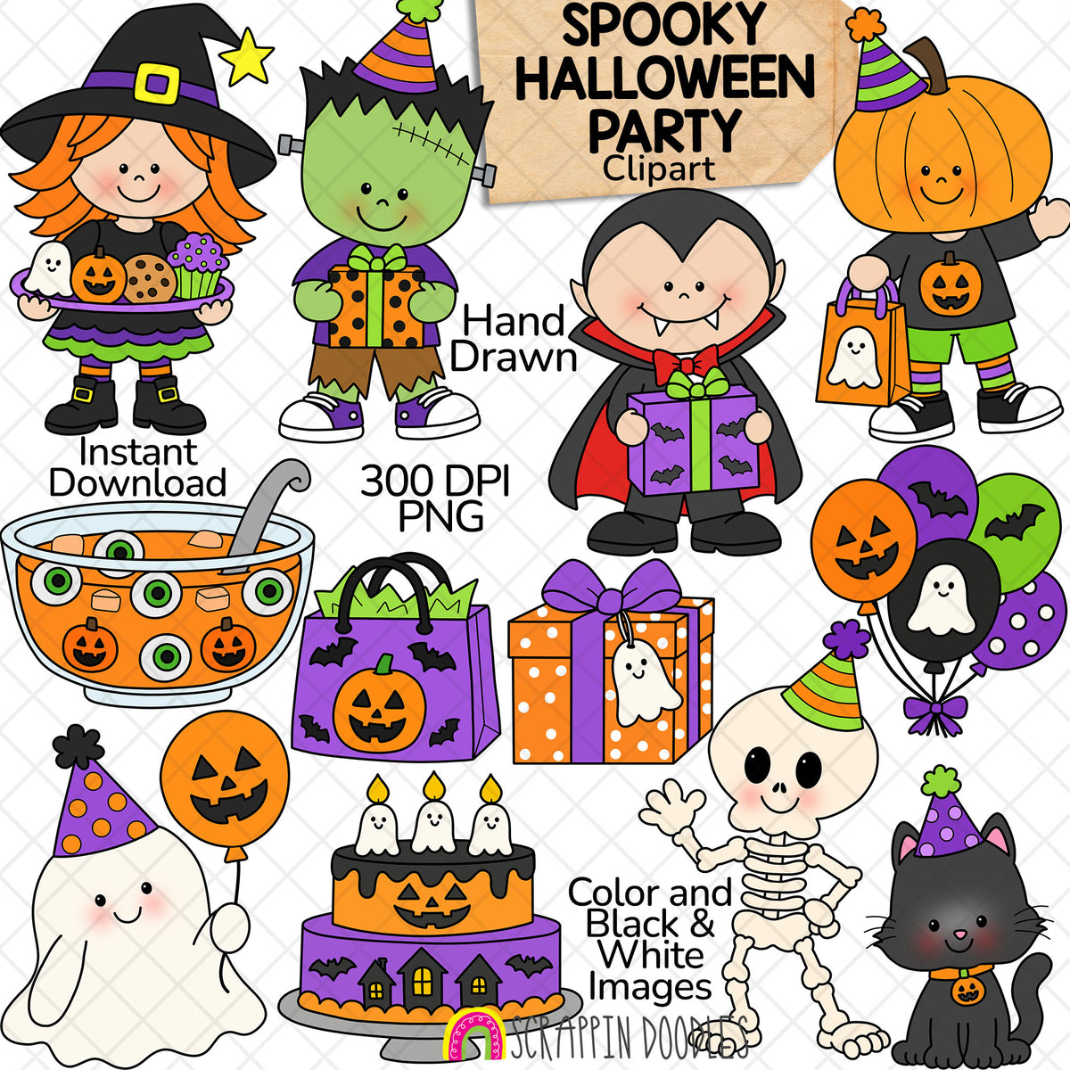 Scrappin Doodles Halloween party clipart with a witch, vampire, Frankenstein’s monster, ghost, skeleton, black cat, cake, gifts and balloons.