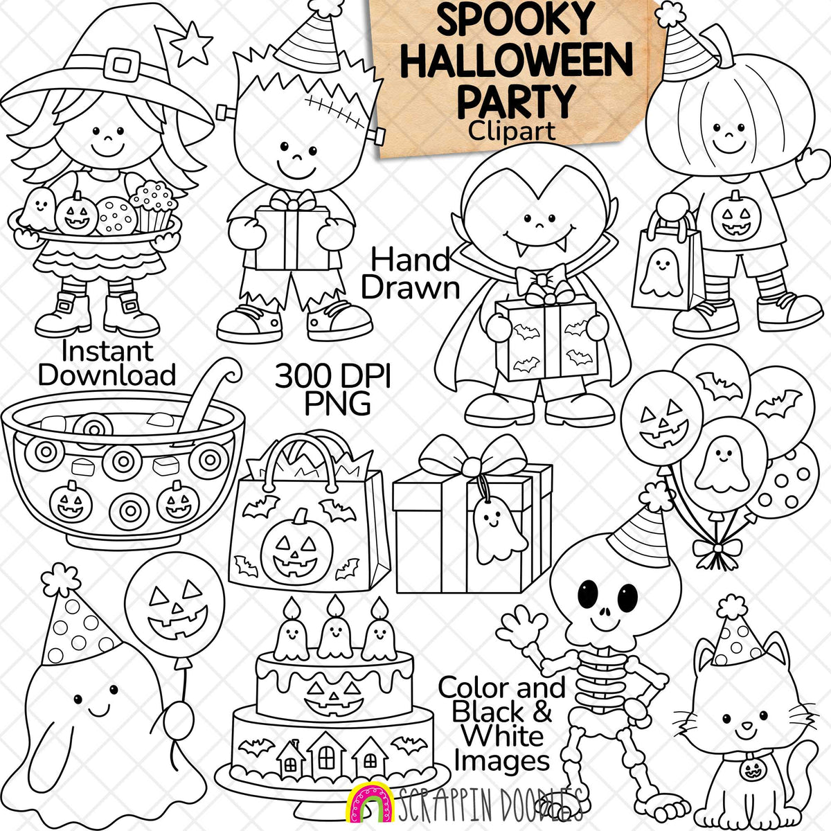 Scrappin Doodles Halloween party clipart with a witch, vampire, Frankenstein’s monster, ghost, skeleton, black cat, cake, gifts and balloons.