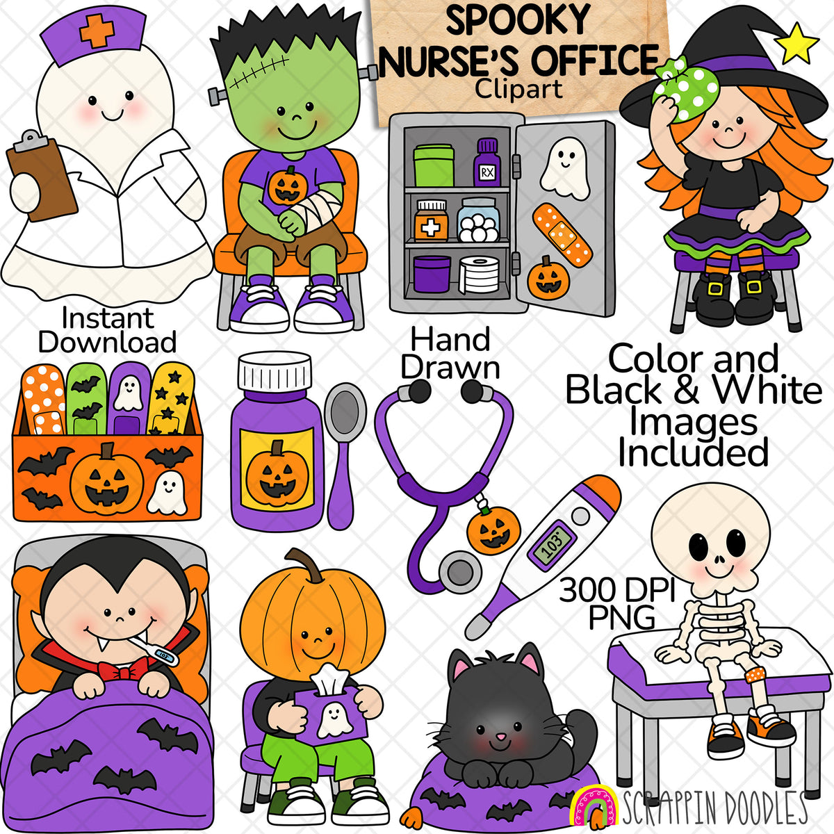 Image Alt Text

Halloween school nurse clipart showing a ghost nurse, Frankenstein with a bandaged arm, witch with an ice pack, and spooky patients and medical supplies.