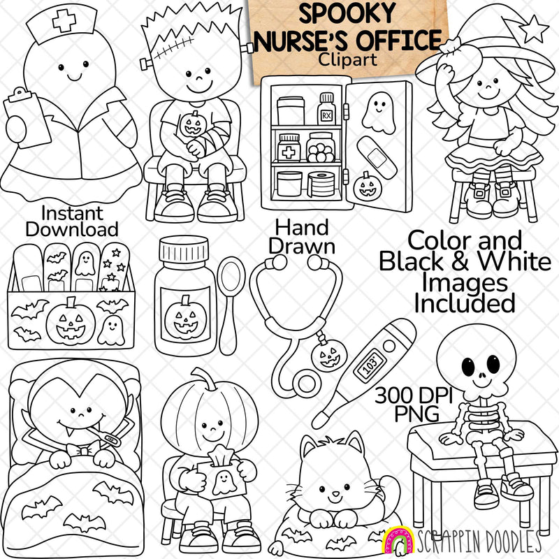 Image Alt Text

Halloween school nurse clipart showing a ghost nurse, Frankenstein with a bandaged arm, witch with an ice pack, and spooky patients and medical supplies.
