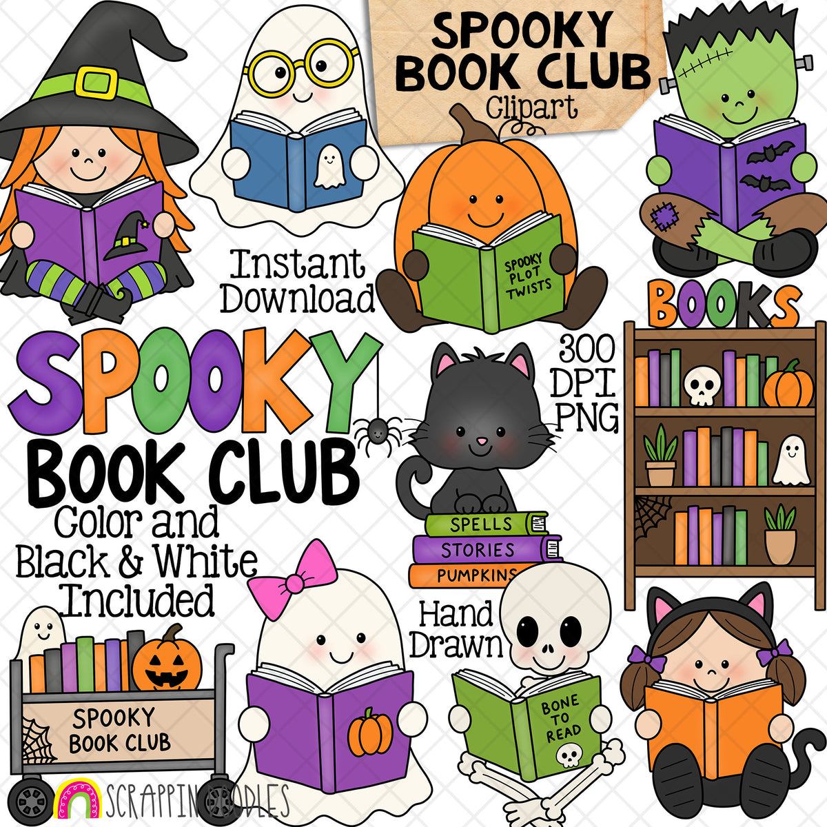 Spooky Book Club Halloween reading clipart set with cute ghosts, witch, skeleton, Frankenstein, pumpkin, black cat, books and bookshelf in color and black and white.