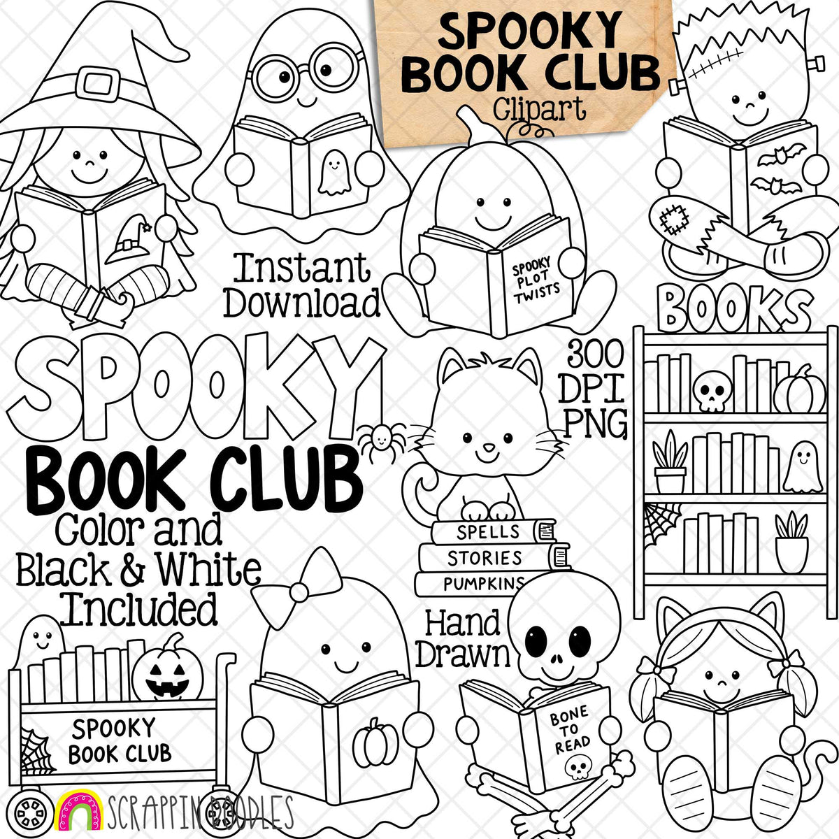 Spooky Book Club Halloween reading clipart set with cute ghosts, witch, skeleton, Frankenstein, pumpkin, black cat, books and bookshelf in color and black and white.