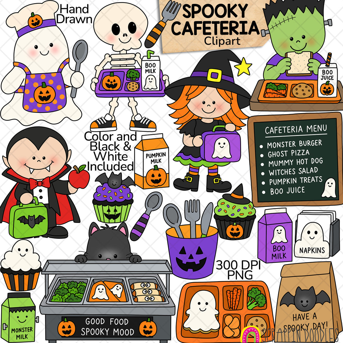 Halloween cafeteria clipart preview with a witch, ghost, skeleton, vampire, Frankenstein monster, black cat, spooky school lunch foods, trays, milk cartons, utensils, menu board, and color and black-and-white PNG graphics.