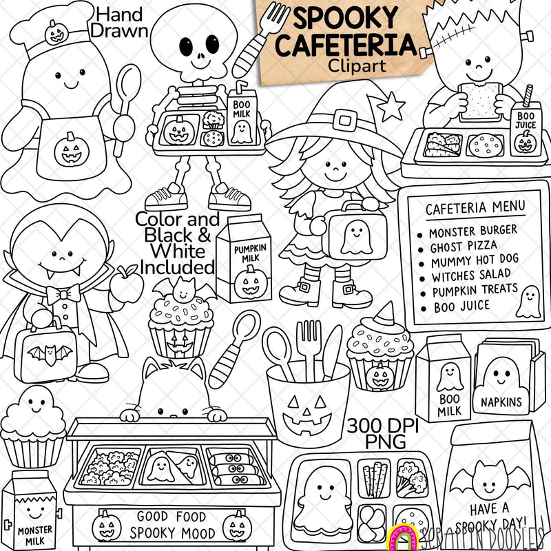 Halloween cafeteria clipart preview with a witch, ghost, skeleton, vampire, Frankenstein monster, black cat, spooky school lunch foods, trays, milk cartons, utensils, menu board, and color and black-and-white PNG graphics.