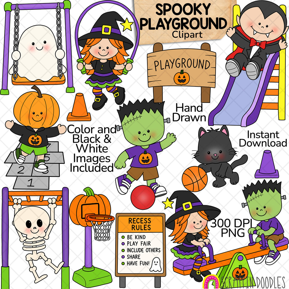 Halloween playground clipart with a ghost on a swing, witch and Frankenstein on a seesaw, and spooky recess characters.