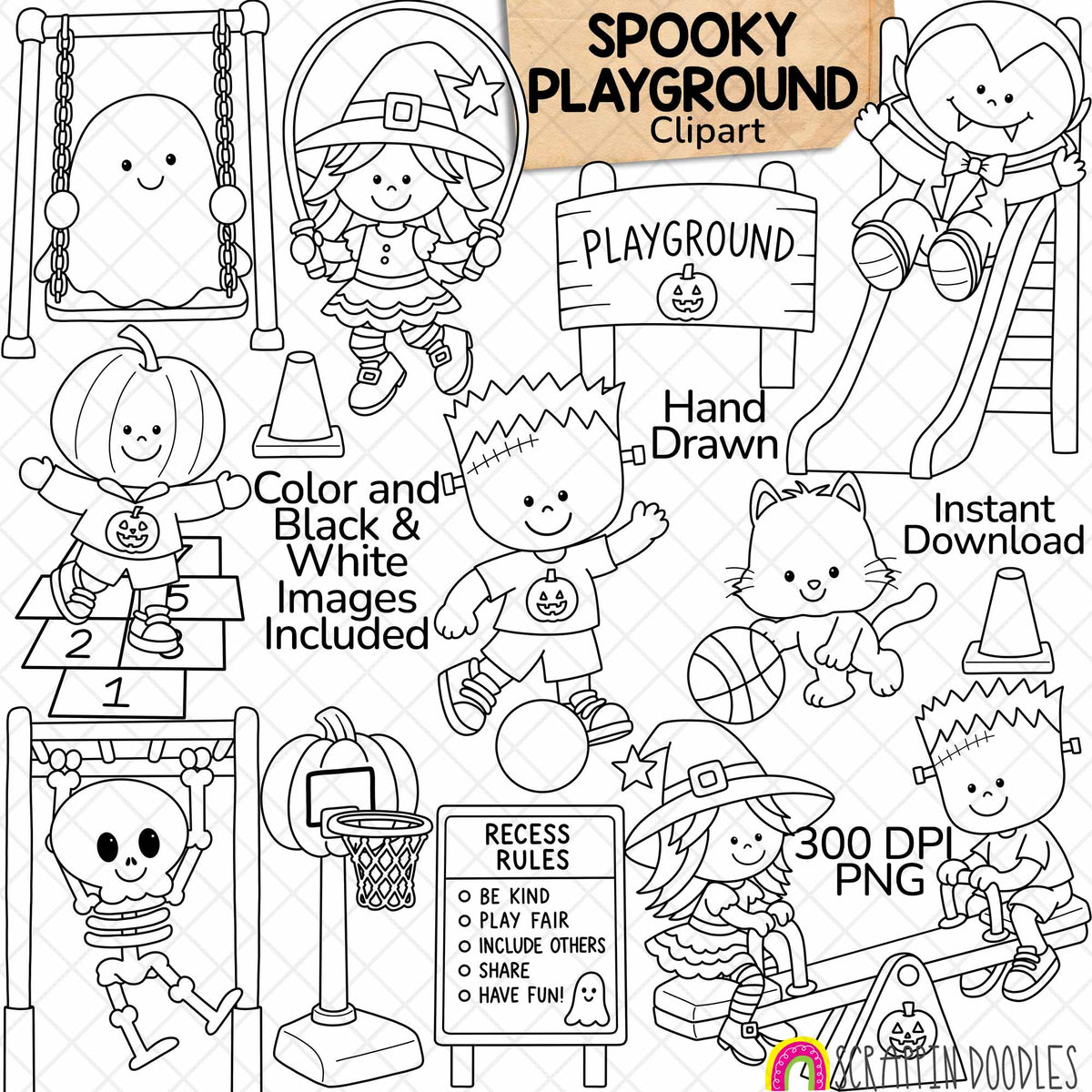 Halloween playground clipart with a ghost on a swing, witch and Frankenstein on a seesaw, and spooky recess characters.