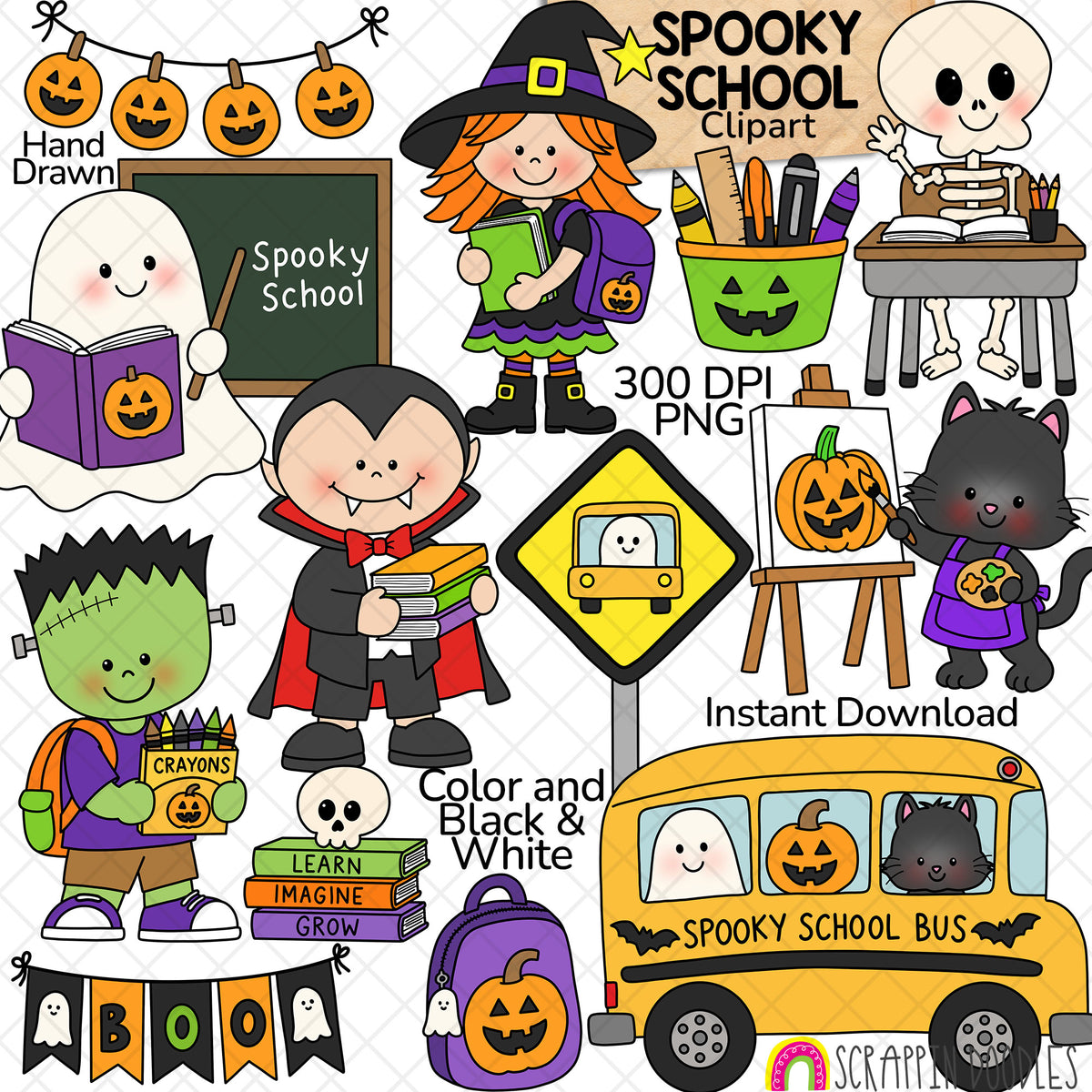 Halloween school clipart with a ghost teacher, witch, vampire, Frankenstein, skeleton at a desk, black cat painting, school bus, books, and backpack.