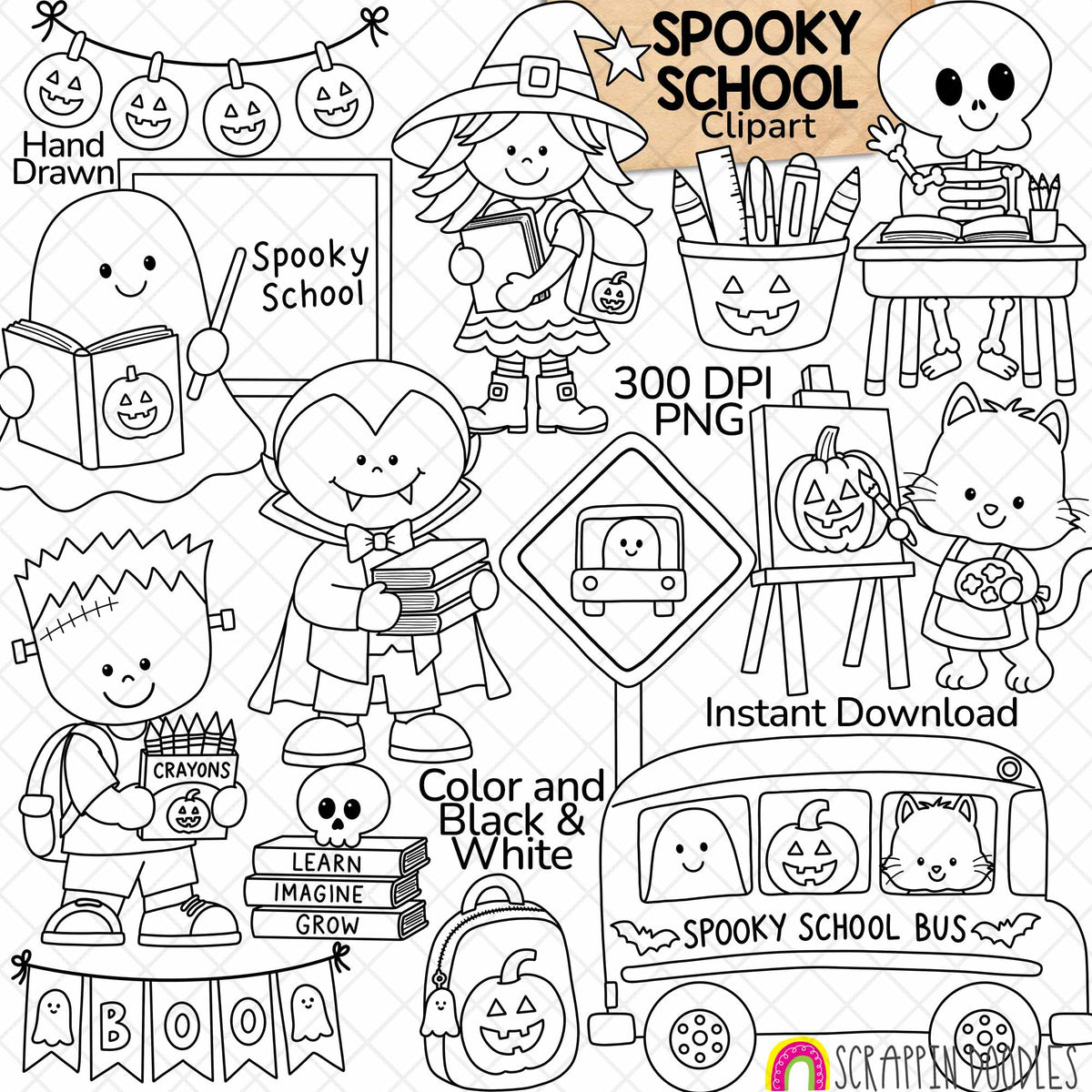 Halloween school clipart with a ghost teacher, witch, vampire, Frankenstein, skeleton at a desk, black cat painting, school bus, books, and backpack.