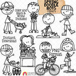Spring Boys Clip Art - Doodle Kids Stick Figure Graphics - Gardening - Tulips - Daffodil - Rain Puddle - Commercial Use PNG