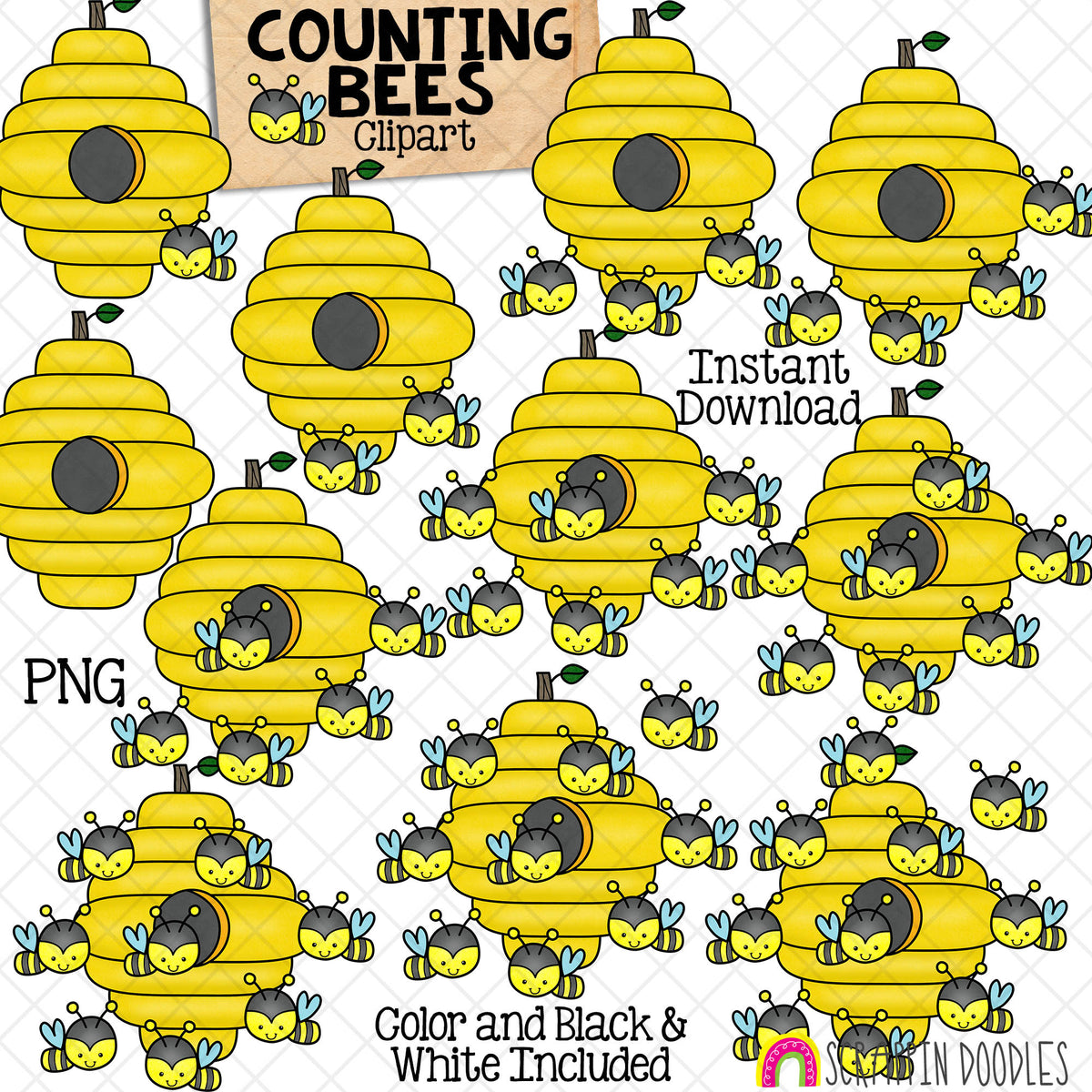 Counting Bees Around Bee Hive ClipArt - Spring Bumble Bee Counting - Seasonal Math Graphics - Commercial Use PNG