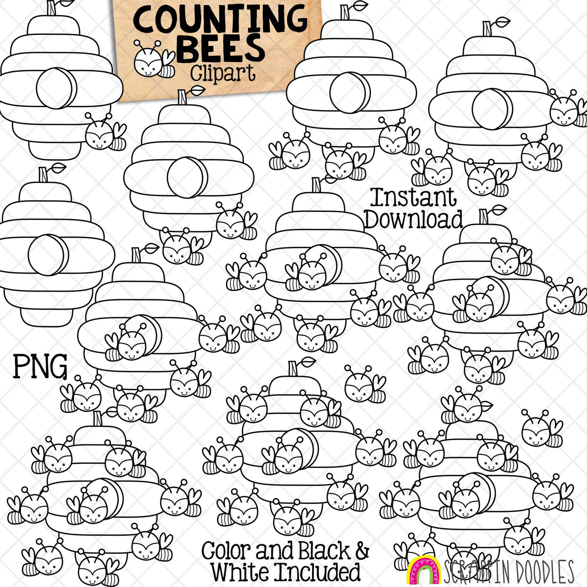 Counting Bees Around Bee Hive ClipArt - Spring Bumble Bee Counting - Seasonal Math Graphics - Commercial Use PNG