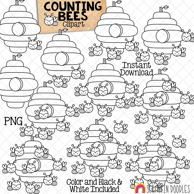 Counting Bees Around Bee Hive ClipArt - Spring Bumble Bee Counting - Seasonal Math Graphics - Commercial Use PNG