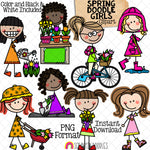 Spring Girls Clip Art - Doodle Kids Stick Figure Graphics - Gardening - Tulips - Daffodil - Rain Puddle - Commercial Use PNG