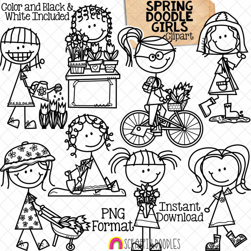 Spring Girls Clip Art - Doodle Kids Stick Figure Graphics - Gardening - Tulips - Daffodil - Rain Puddle - Commercial Use PNG