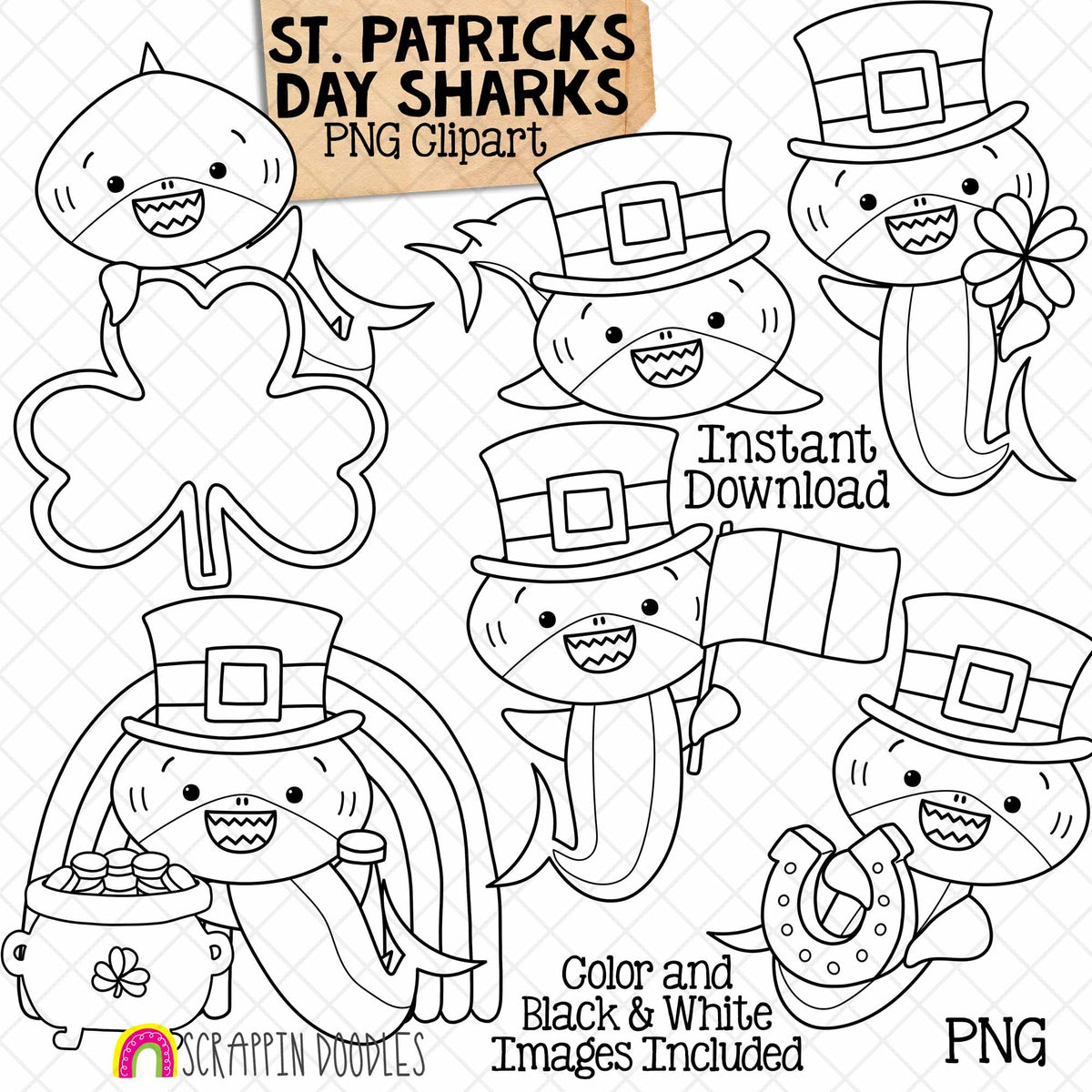 St Patricks Day Sharks Clip Art - Irish - Grey Shark Clipart - Baby Shark - Commercial Use PNG Sublimation