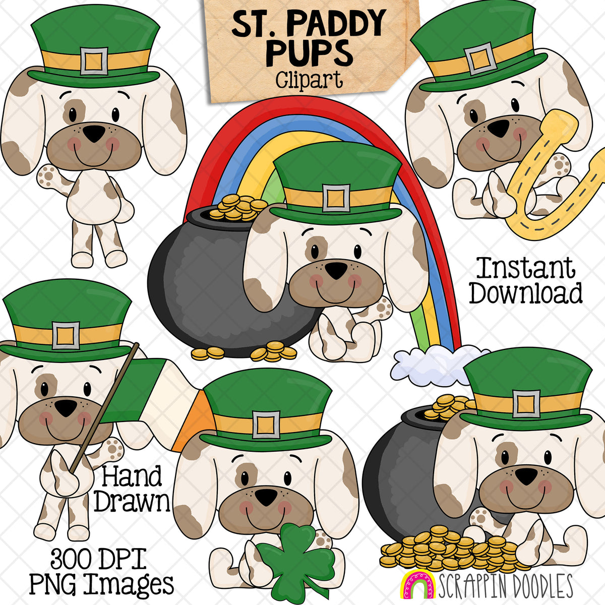 Hand-drawn St. Paddy Pups clipart featuring six cute puppies in green leprechaun hats with shamrocks, an Irish flag, rainbow, horseshoe and pots of gold.