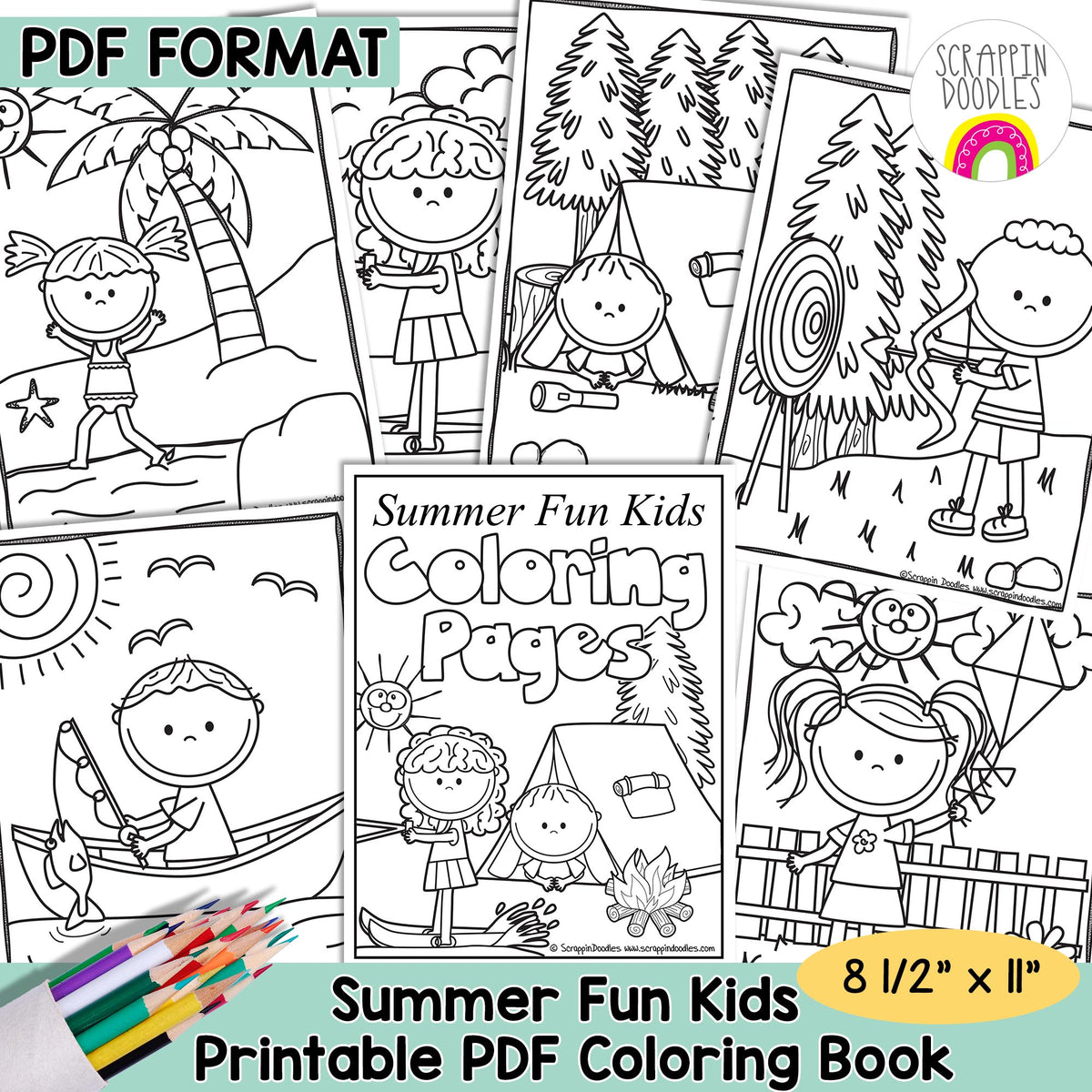 Promotional graphic for a printable PDF coloring book titled 'Summer Fun Kids Coloring Pages,' showing multiple black-and-white line-art children's activity scenes, a colorful pencil illustration, and text reading 'PDF FORMAT,' '8 1/2" x 11",' and 'Printable PDF Coloring Book.'.