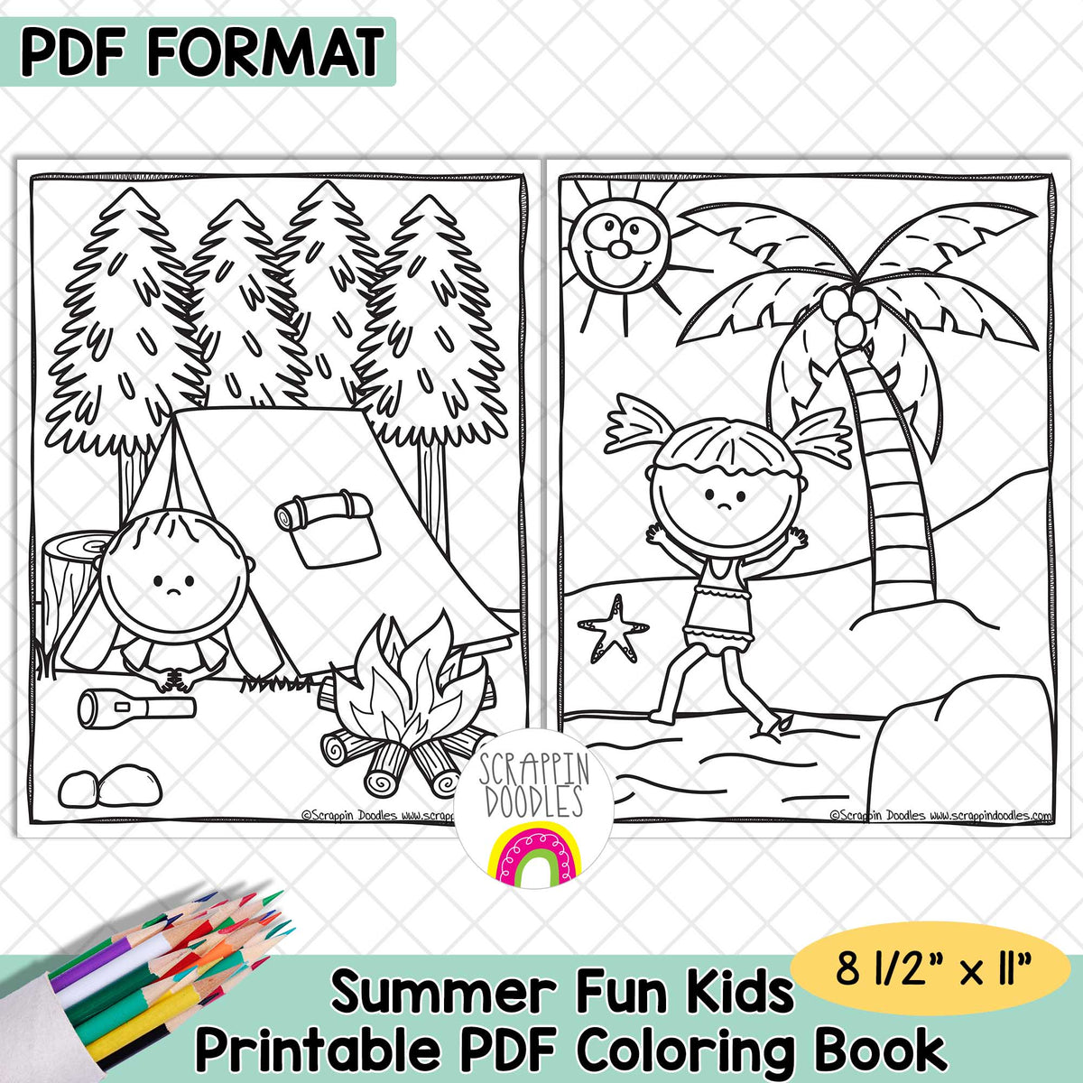 Promotional graphic for a printable PDF coloring book showing two black-and-white summer-themed illustration panels: a campsite scene with a tent, trees, and campfire, and a beach scene with a child, palm tree, and sun. Text reads 'PDF FORMAT,' 'Summer Fun Kids,' 'Printable PDF Coloring Book,' and '8 1/2" x 11".