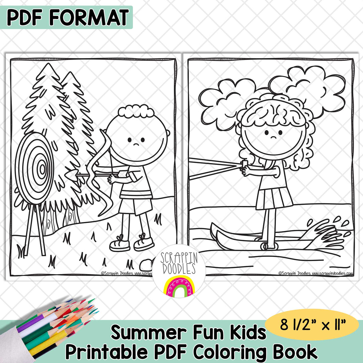 Promotional graphic for a printable PDF coloring book showing two black-and-white cartoon pages: one of a child archery by trees, and one of a child fishing from a boat. Text reads 'PDF FORMAT,' 'Summer Fun Kids,' 'Printable PDF Coloring Book,' and '8 1/2" x 11".