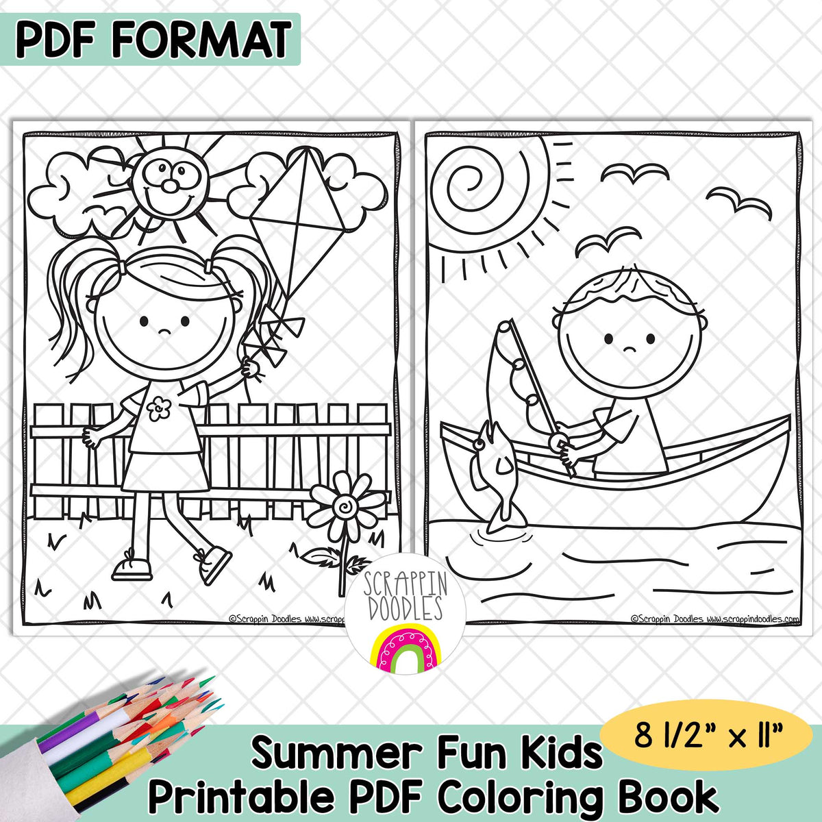 Promotional graphic for a printable PDF coloring book showing two black-and-white summer-themed cartoon pages: a girl holding a kite and a boy fishing from a boat. Text reads 'PDF FORMAT,' 'Summer Fun Kids,' and 'Printable PDF Coloring Book,' with colored pencils and size info '8 1/2" x 11".