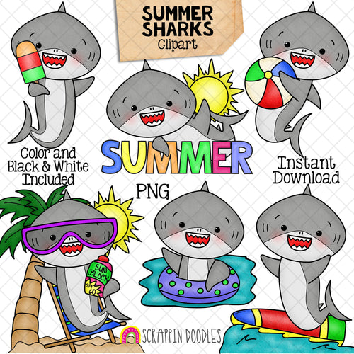 Summer Sharks Clip Art - Grey Shark Beach Clipart - Baby Shark - Commercial Use PNG Sublimation