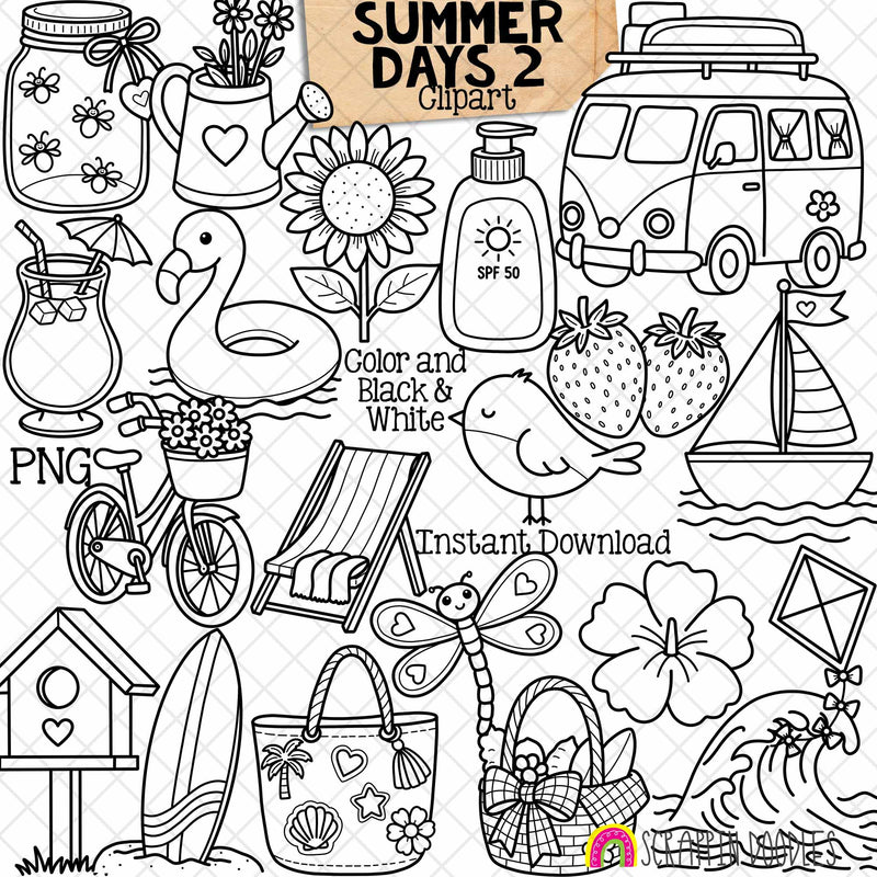 Summer Days 2 ClipArt - Beach - Floatie - Cocktail - Fireflies - Travel Van - CU PNG